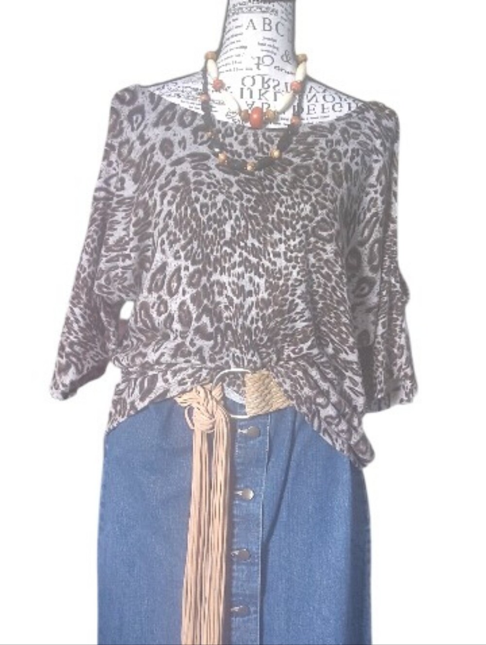 Y2K Animal Print Cutout Cold Shoulder Dolman Sleeve Knit Top Large Gray Brown - Picture 3 of 11
